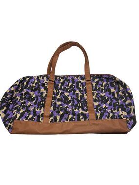 Purple Tan Leopard Print Canvas Duffel Bag Faux Leather Handles Trim Spacious